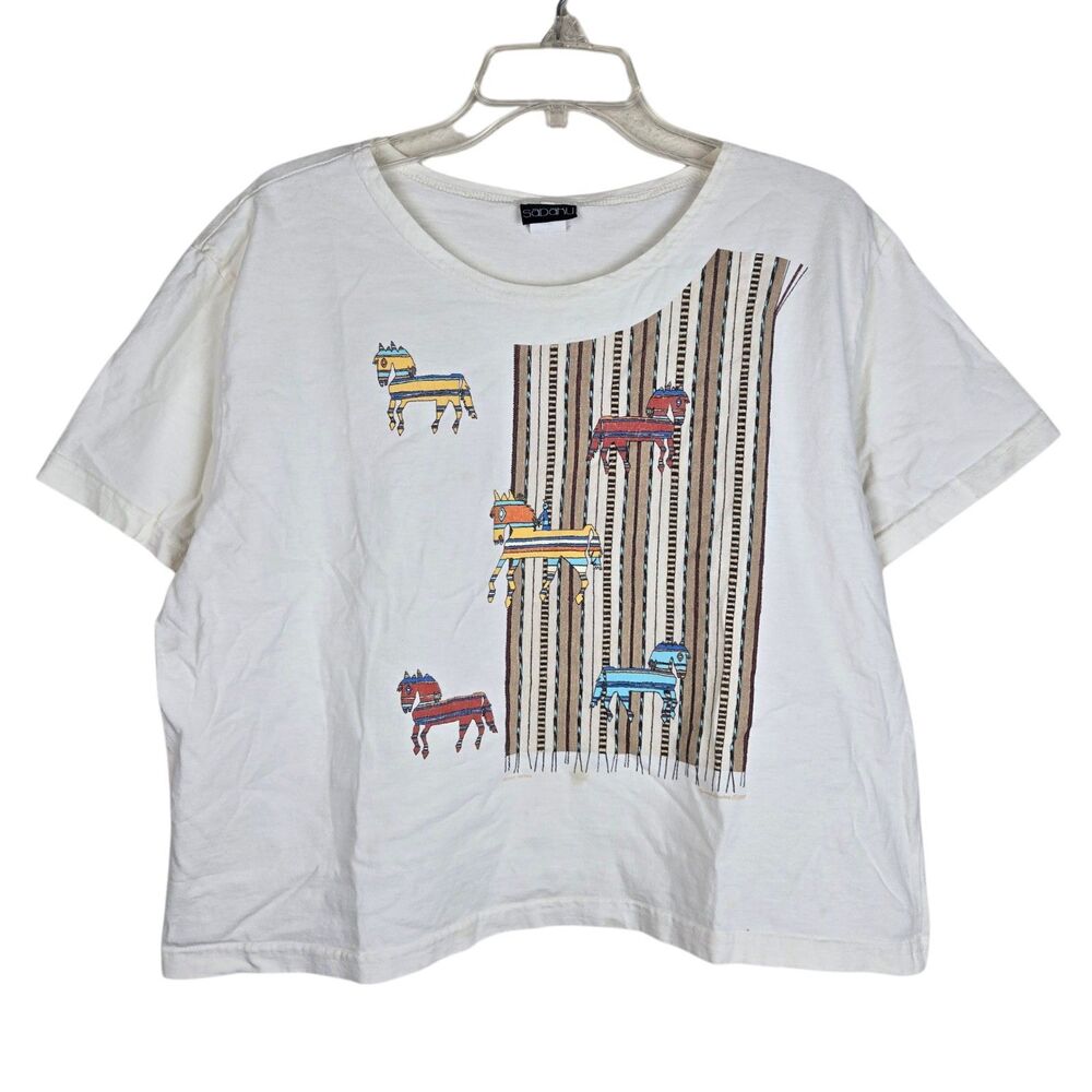 Sabaku Artwear Woven Horses T-Shirt Sz L Cream Southwest Desert Cottage Western